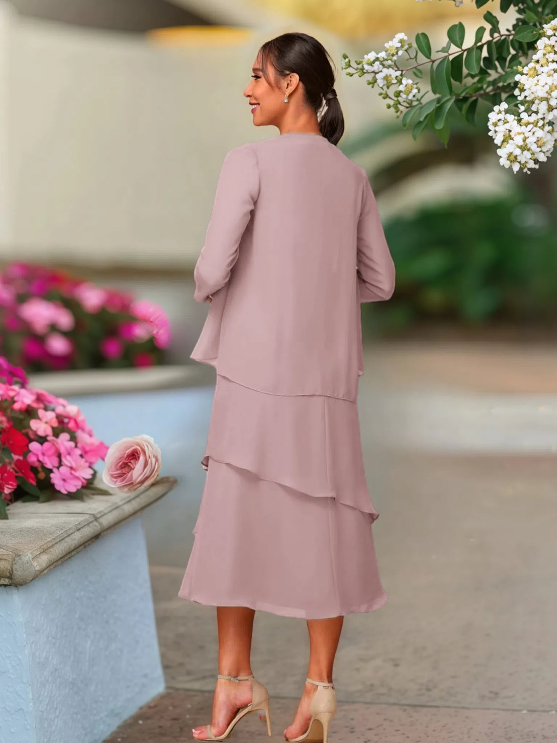 Two Pieces Tea Length Long Sleeves Chiffon Mother Of The Bride Dress BabaMila Dusty Rose 2