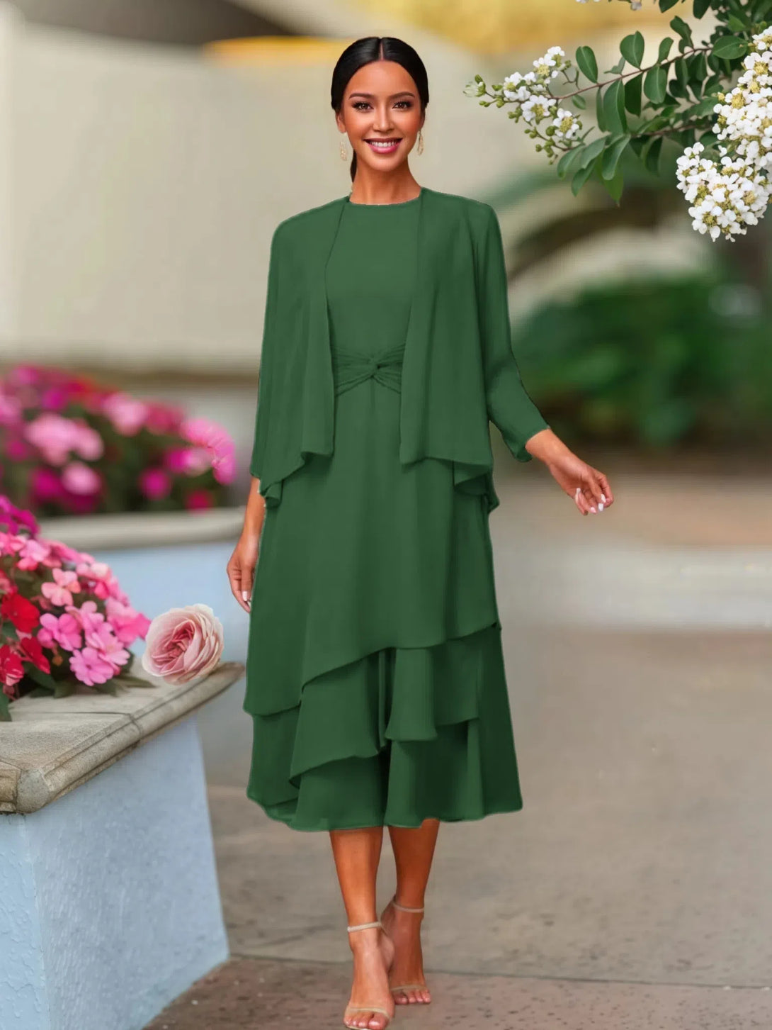 Two Pieces Tea Length Long Sleeves Chiffon Mother Of The Bride Dress BabaMila Dark Green 2