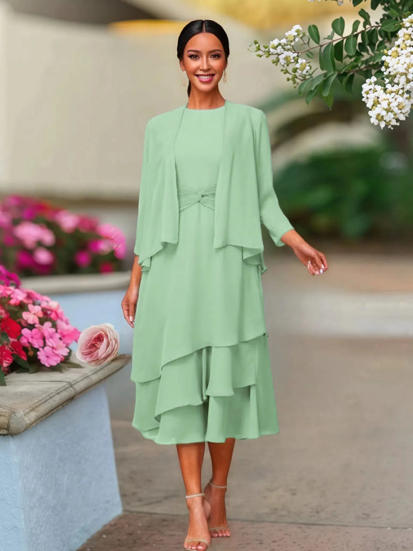 Two Pieces Tea Length Long Sleeves Chiffon Mother Of The Bride Dress BabaMila Dusty Sage 2