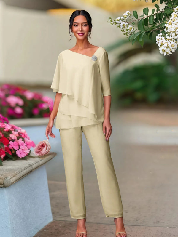 Half Sleeves Chiffon Mother Of The Bride Dress Pant Suits BabaMila