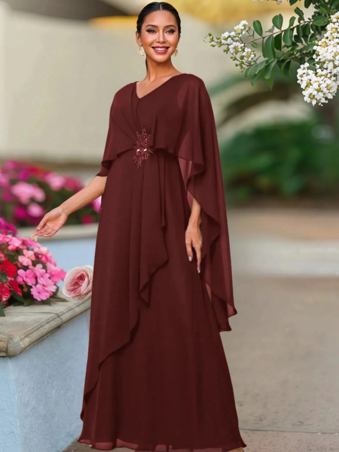 V Neck A Line Chiffon Floor Length Mother Of The Bride Dress BabaMila