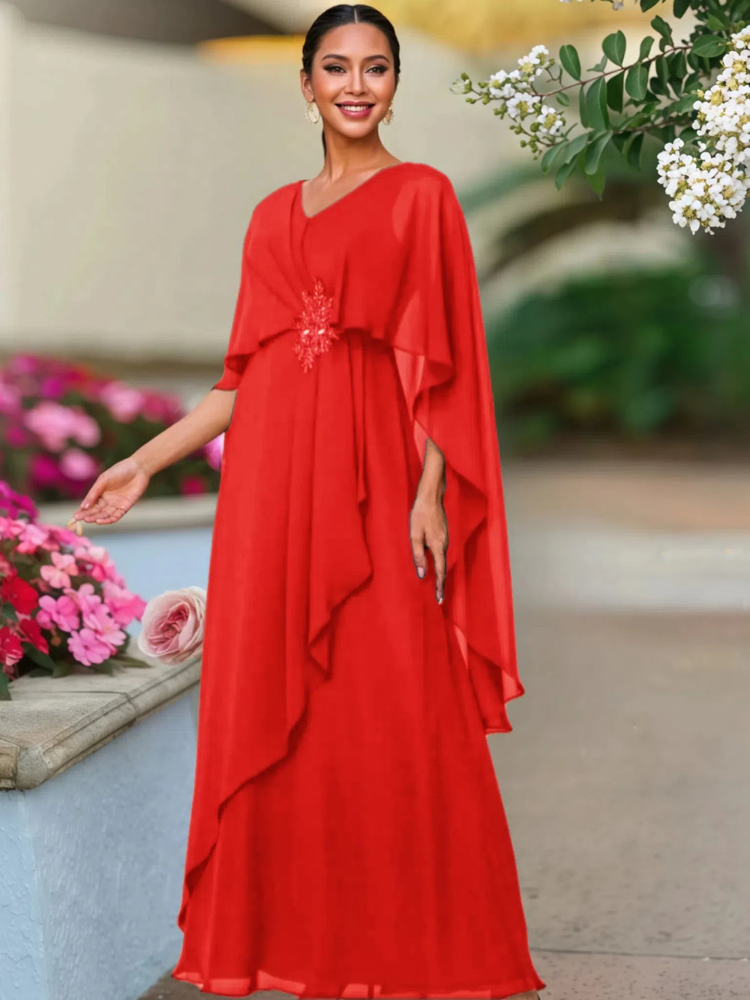 V Neck A Line Chiffon Floor Length Mother Of The Bride Dress BabaMila Red 2