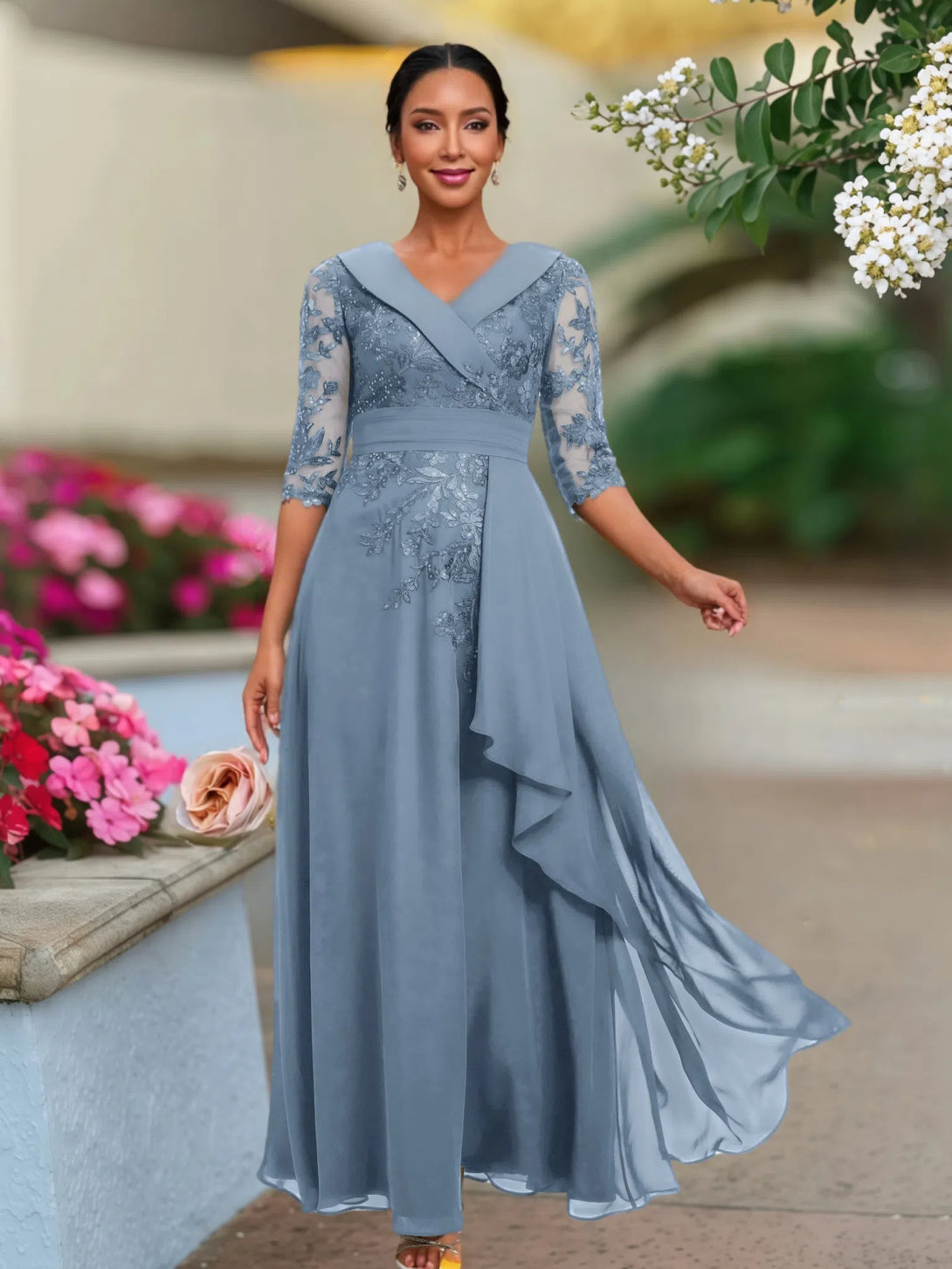 A Line V Neck 3/4 Illusion Sleeves Appliqued Chiffon Floor Length Mother Of The Bride Dresses BabaMila