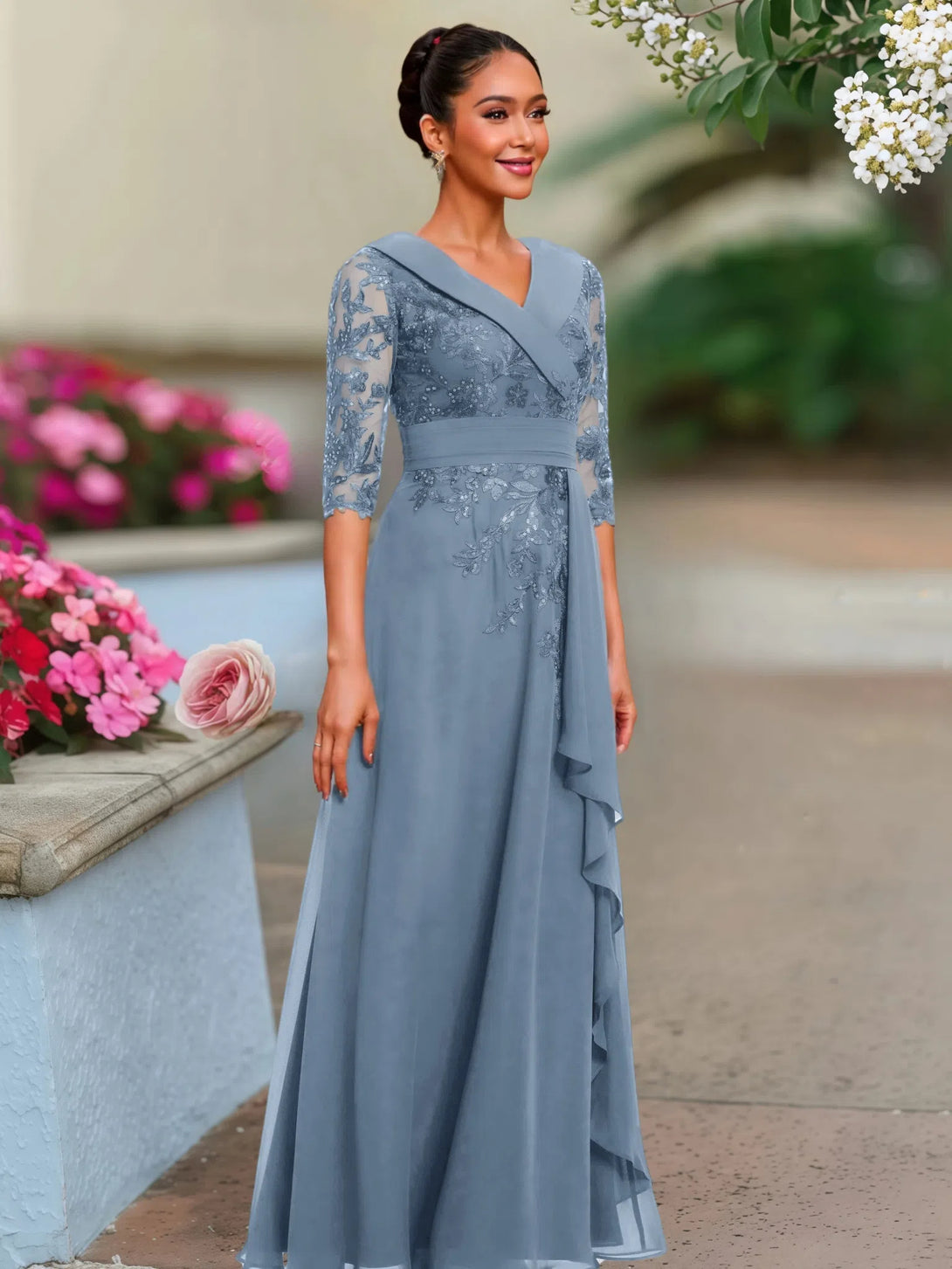 A Line V Neck 3/4 Illusion Sleeves Appliqued Chiffon Floor Length Mother Of The Bride Dresses BabaMila