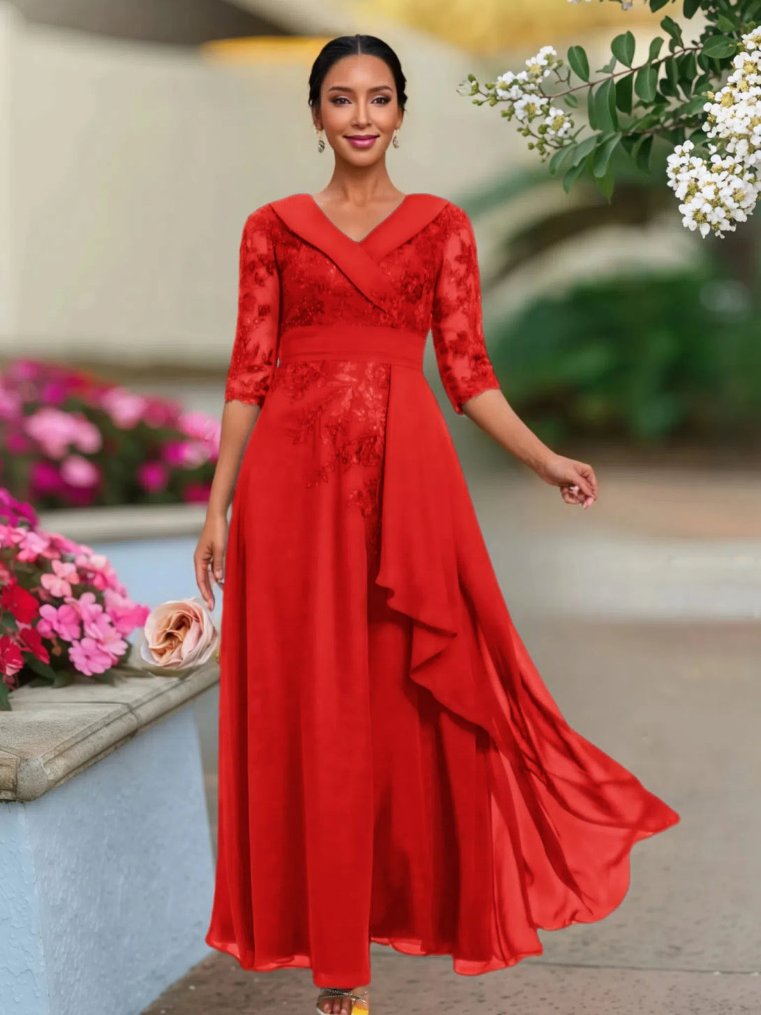 A Line V Neck 3/4 Illusion Sleeves Appliqued Chiffon Floor Length Mother Of The Bride Dresses BabaMila Red 2