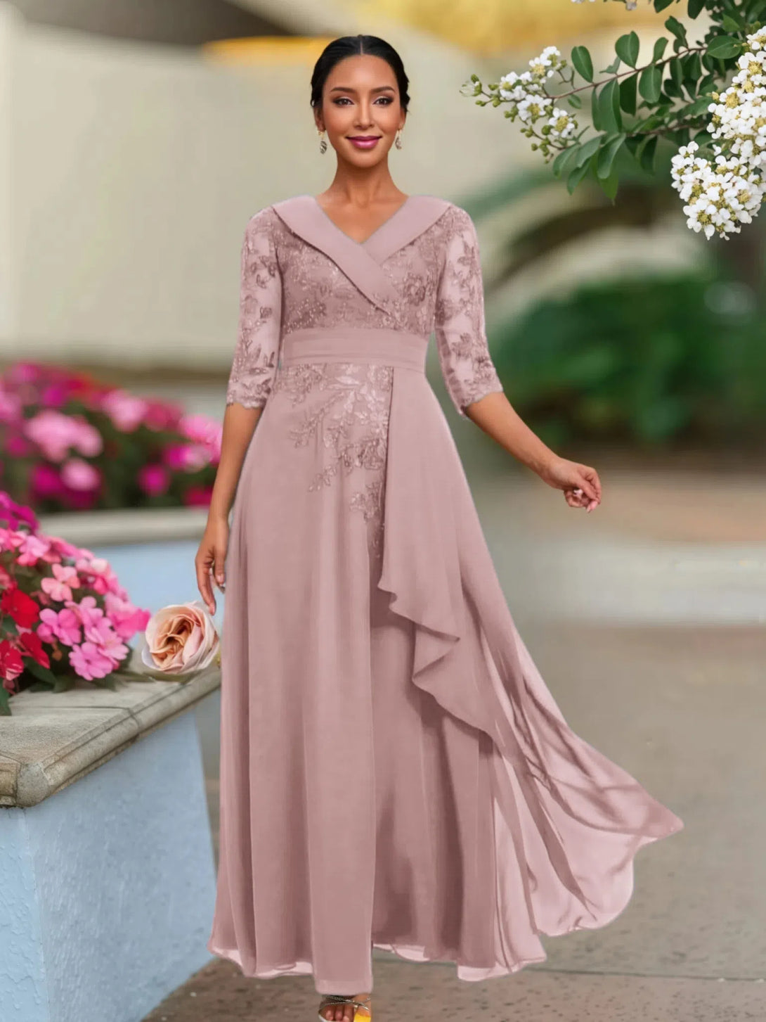 A Line V Neck 3/4 Illusion Sleeves Appliqued Chiffon Floor Length Mother Of The Bride Dresses BabaMila Dusty Rose 2