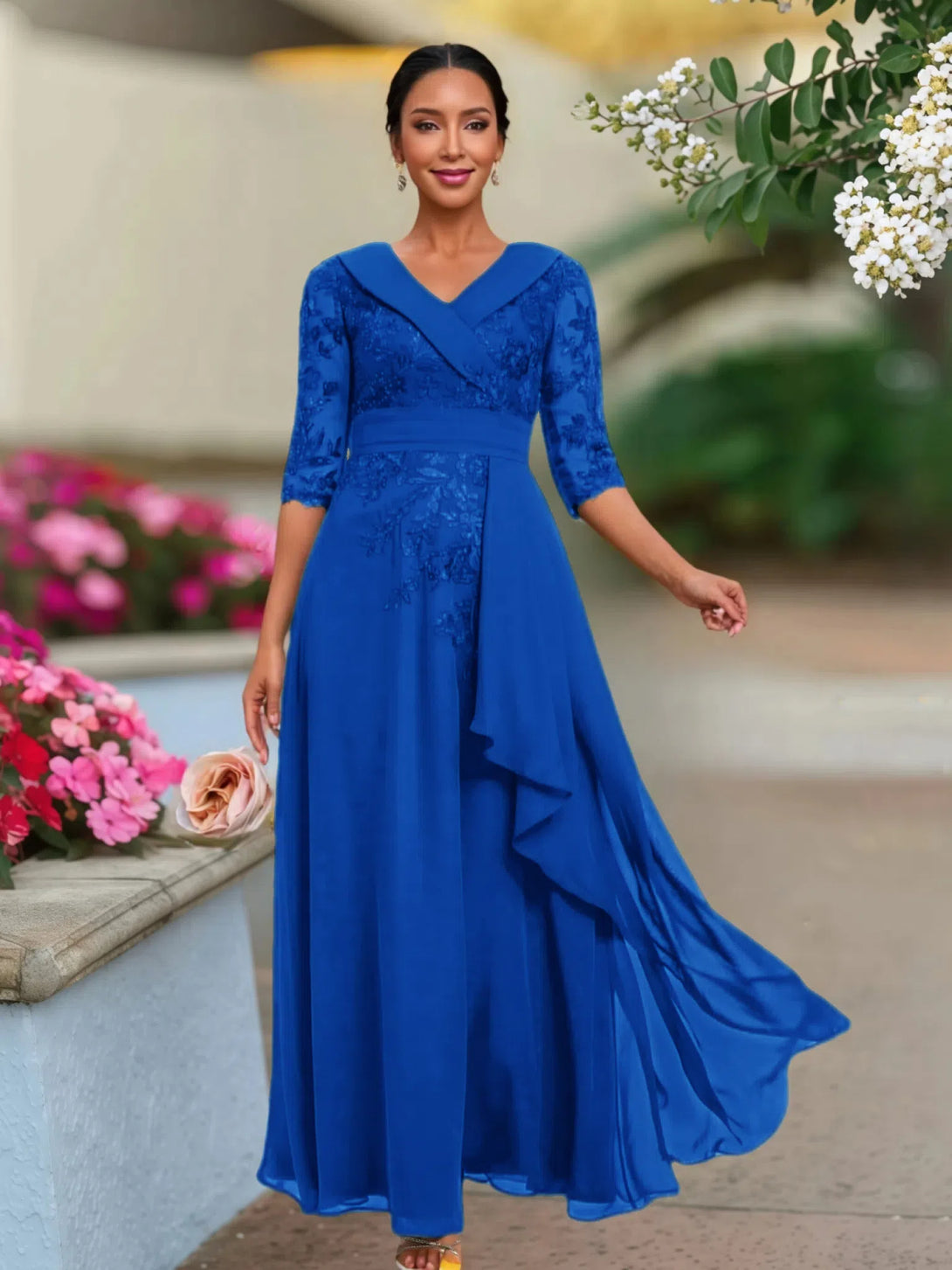 A Line V Neck 3/4 Illusion Sleeves Appliqued Chiffon Floor Length Mother Of The Bride Dresses BabaMila Royal Blue 2