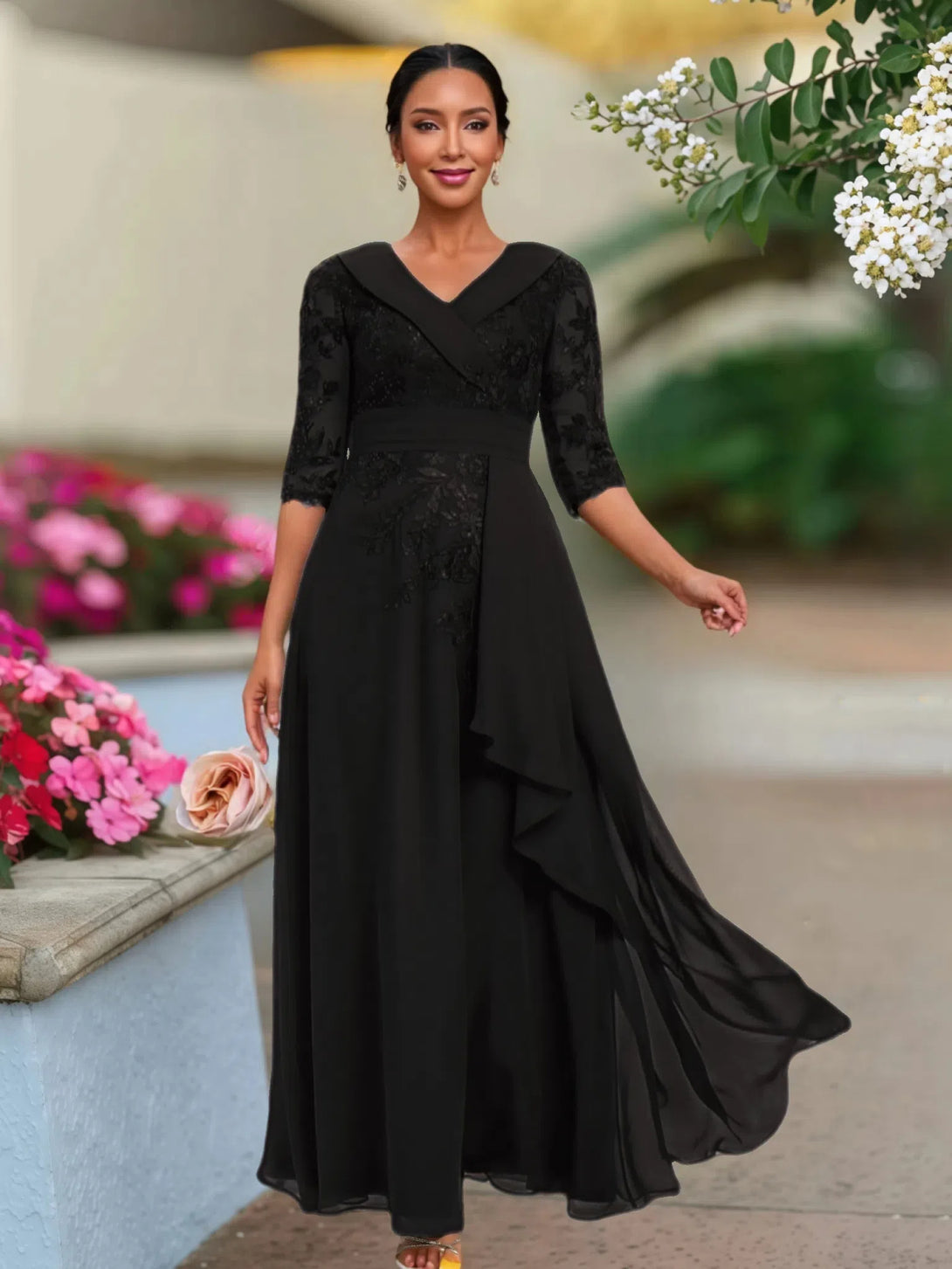 A Line V Neck 3/4 Illusion Sleeves Appliqued Chiffon Floor Length Mother Of The Bride Dresses BabaMila