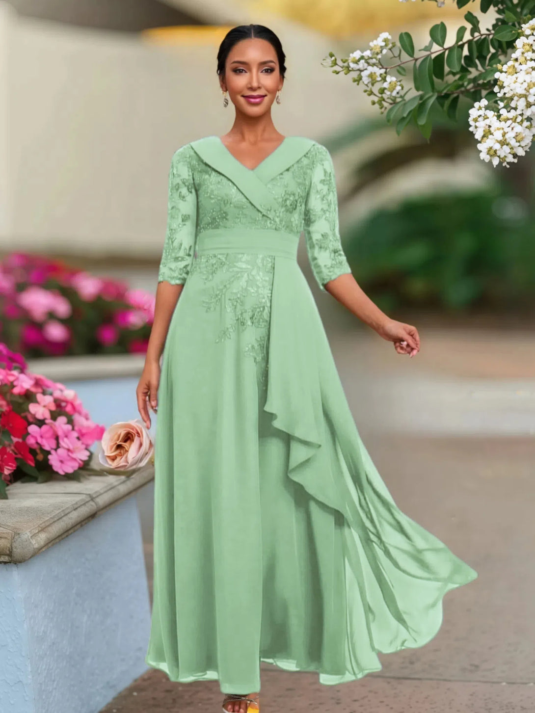 A Line V Neck 3/4 Illusion Sleeves Appliqued Chiffon Floor Length Mother Of The Bride Dresses BabaMila Dusty Sage 2