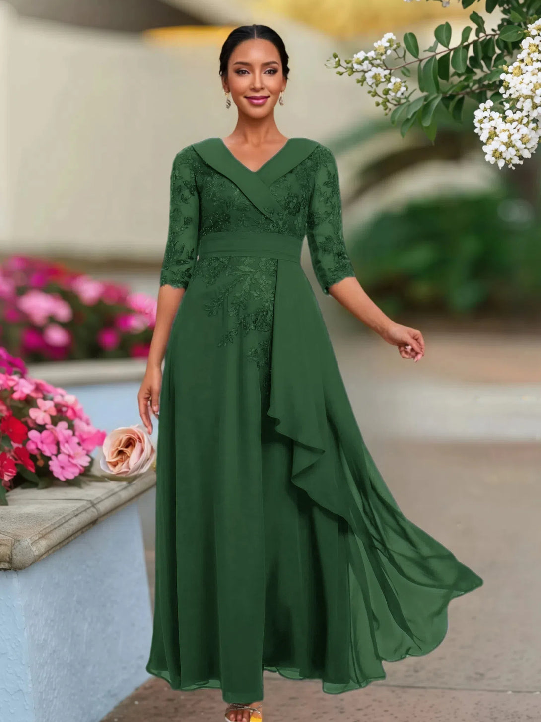 A Line V Neck 3/4 Illusion Sleeves Appliqued Chiffon Floor Length Mother Of The Bride Dresses BabaMila Dark Green 2