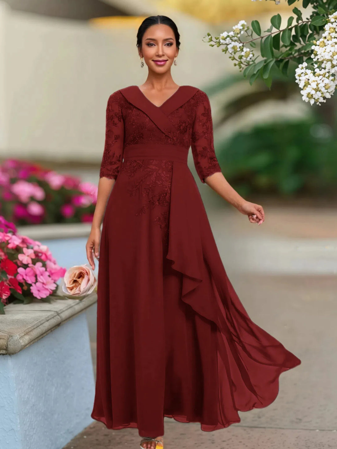 A Line V Neck 3/4 Illusion Sleeves Appliqued Chiffon Floor Length Mother Of The Bride Dresses BabaMila