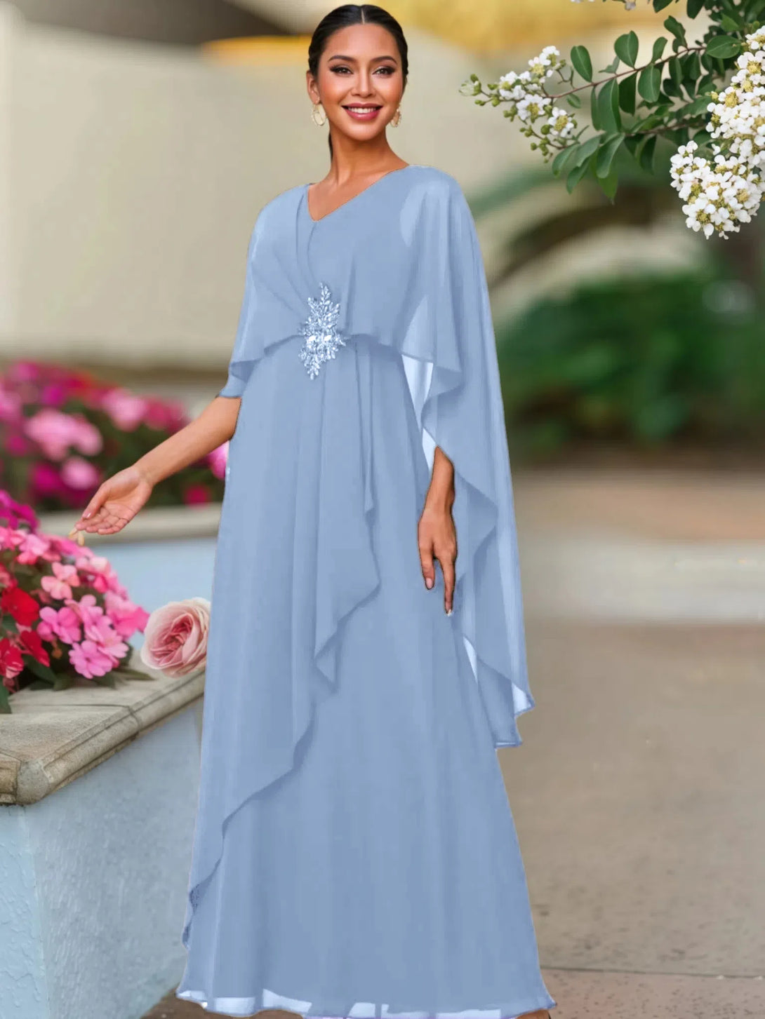 V Neck A Line Chiffon Floor Length Mother Of The Bride Dress BabaMila