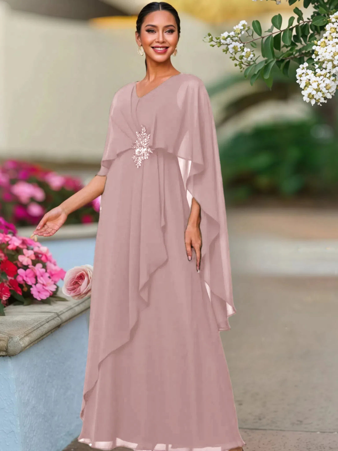 V Neck A Line Chiffon Floor Length Mother Of The Bride Dress BabaMila Dusty Rose 2