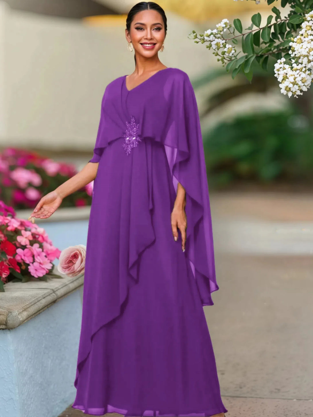 V Neck A Line Chiffon Floor Length Mother Of The Bride Dress BabaMila