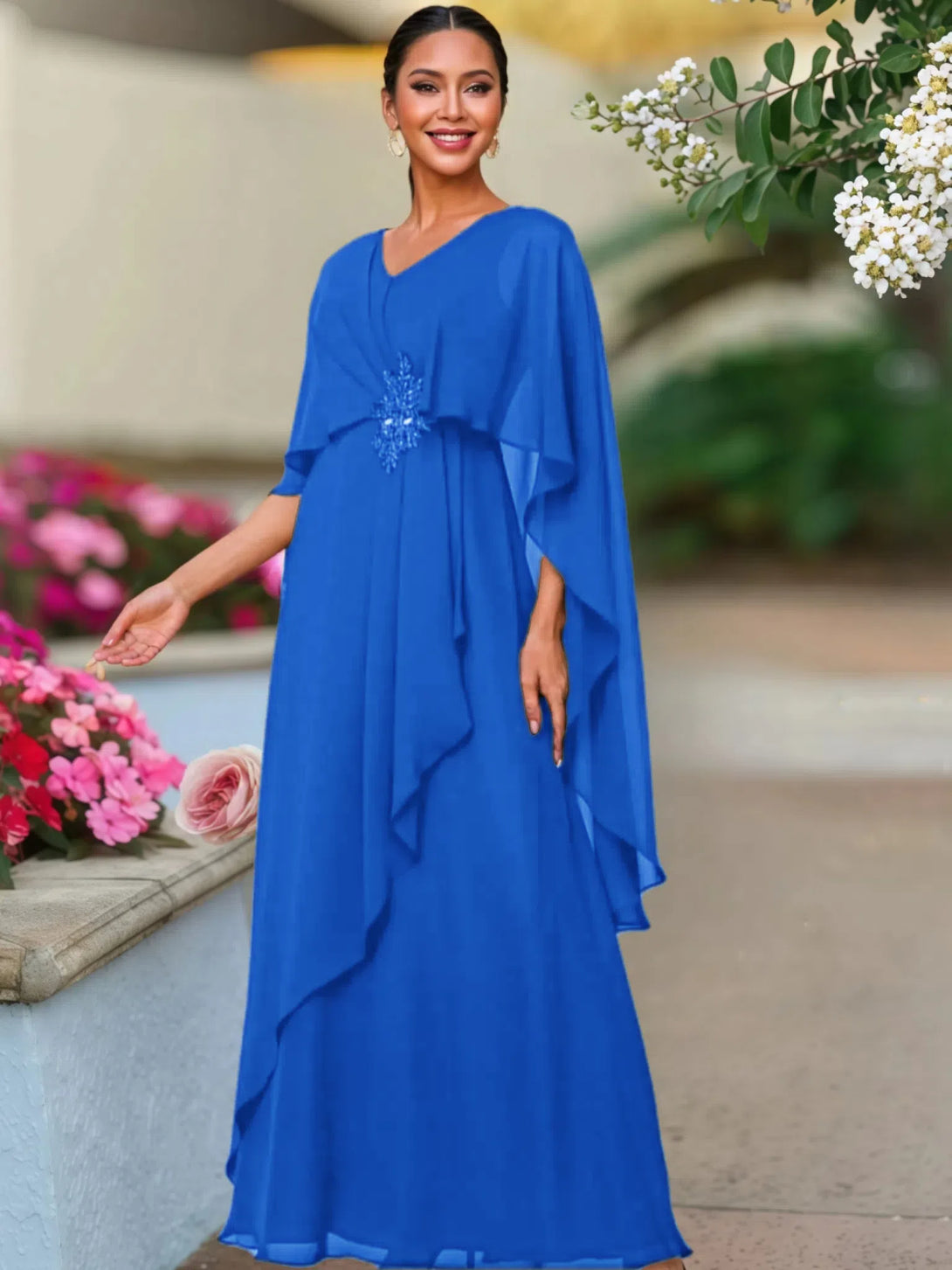 V Neck A Line Chiffon Floor Length Mother Of The Bride Dress BabaMila Royal Blue 2