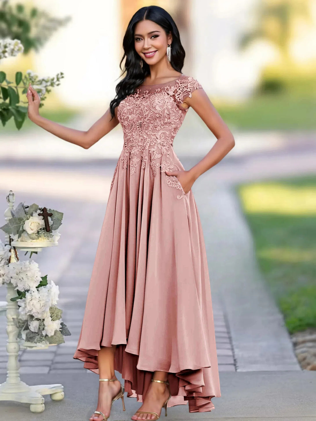 A-line Illusion Neckline Cap Sleeves Lace Appliques Chiffon Mother Of The Bride Dress BabaMila Dusty Rose 2