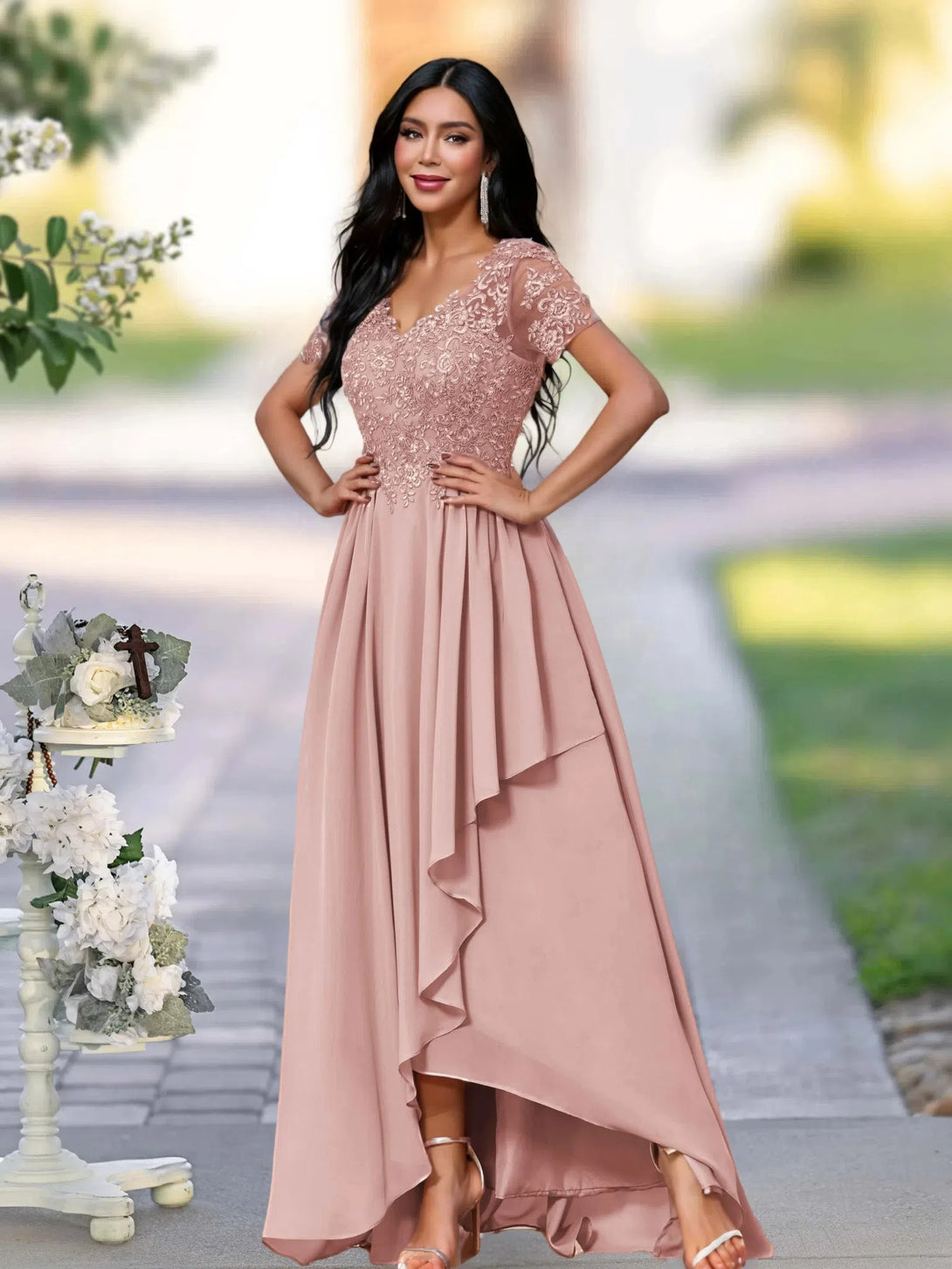 A-LINE APPLIQUES LACE ANKLE-LENGTH SATIN MOTHER OF THE BRIDE DRESS BabaMila