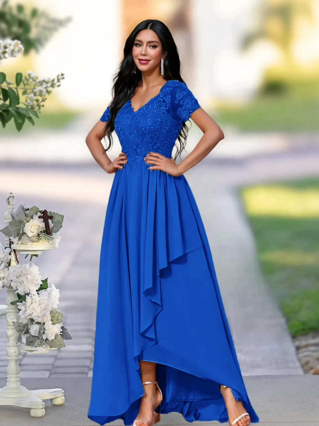 A-LINE APPLIQUES LACE ANKLE-LENGTH SATIN MOTHER OF THE BRIDE DRESS BabaMila Royal Blue 2