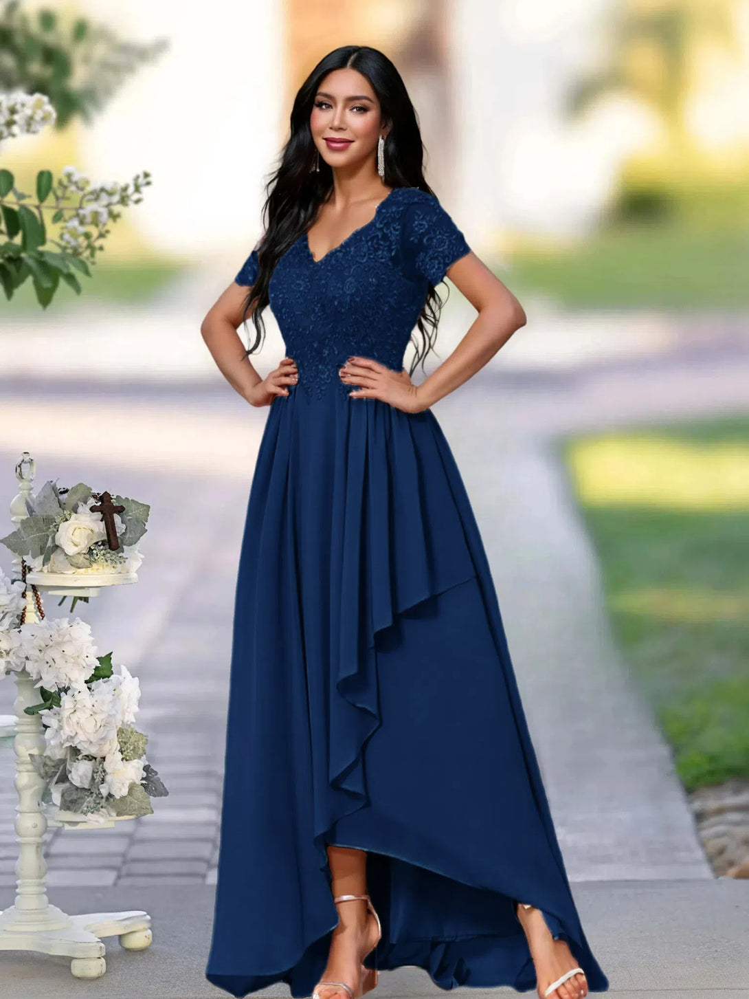 A-LINE APPLIQUES LACE ANKLE-LENGTH SATIN MOTHER OF THE BRIDE DRESS BabaMila Navy Blue 2