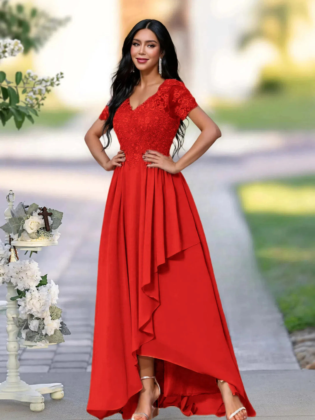 A-LINE APPLIQUES LACE ANKLE-LENGTH SATIN MOTHER OF THE BRIDE DRESS BabaMila