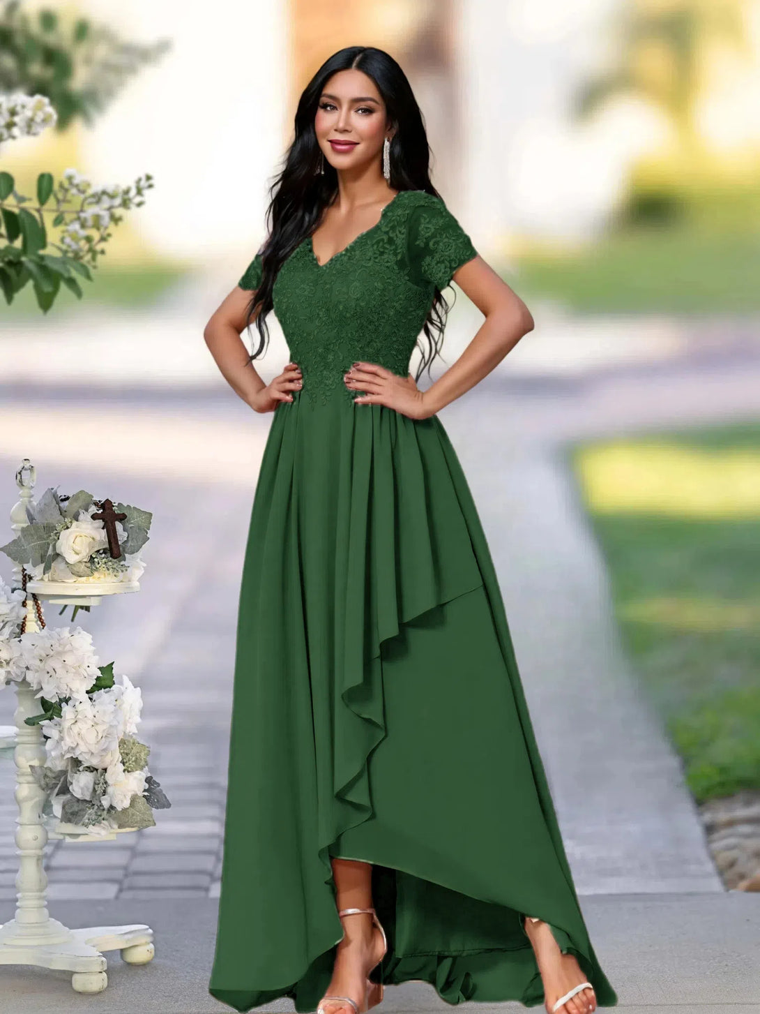 A-LINE APPLIQUES LACE ANKLE-LENGTH SATIN MOTHER OF THE BRIDE DRESS BabaMila Dark Green 2