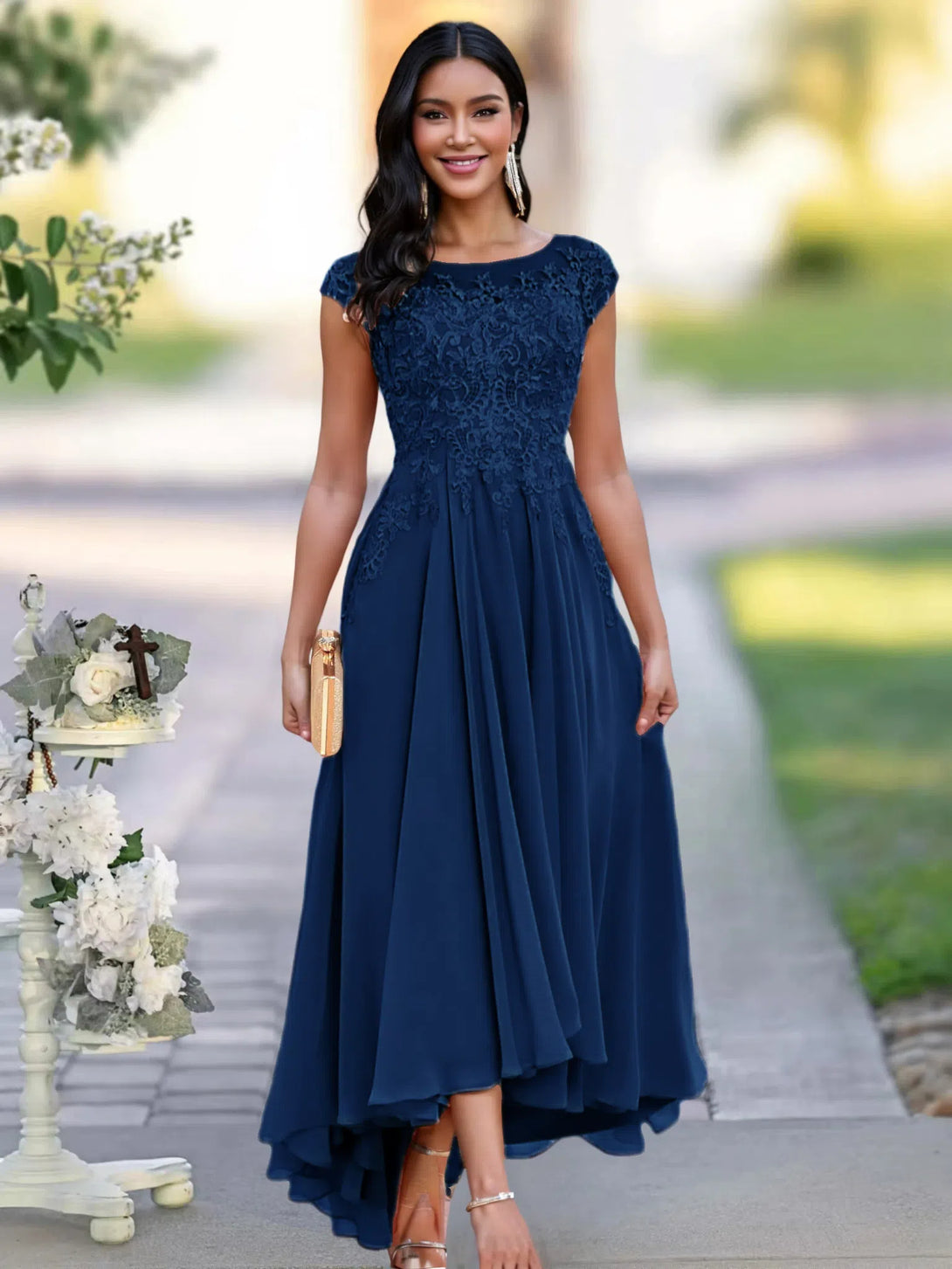 A-line Illusion Neckline Cap Sleeves Lace Appliques Chiffon Mother Of The Bride Dress BabaMila Navy Blue 2