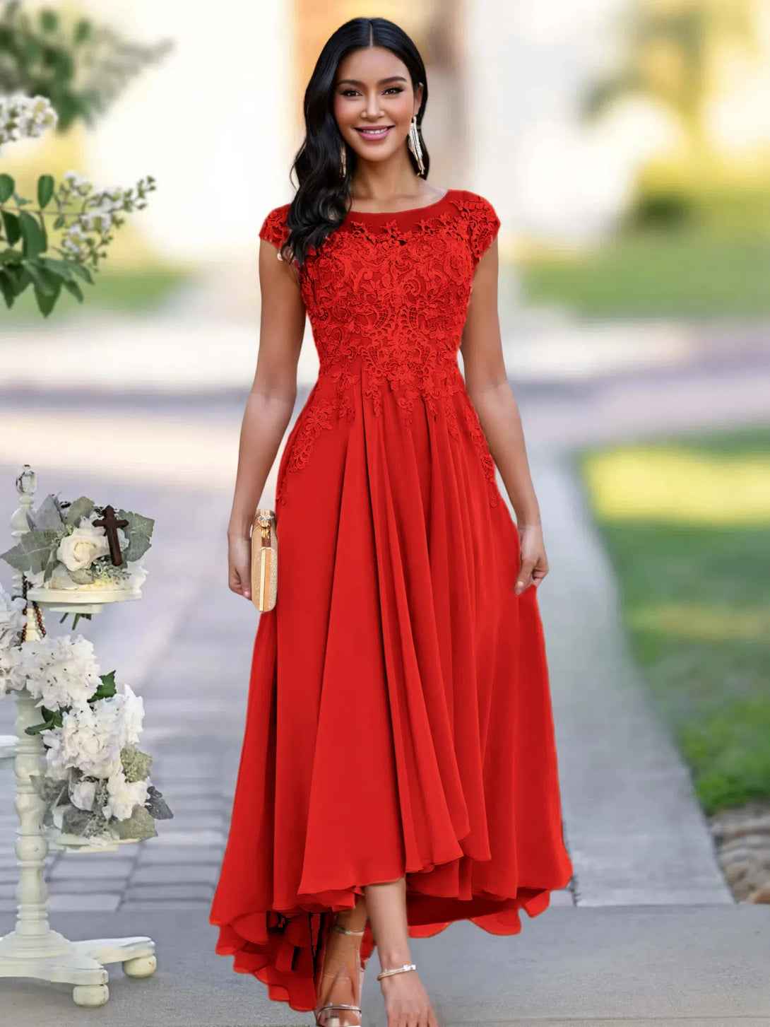 A-line Illusion Neckline Cap Sleeves Lace Appliques Chiffon Mother Of The Bride Dress BabaMila Red 2