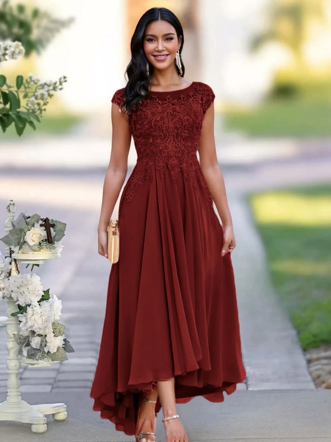 A-line Illusion Neckline Cap Sleeves Lace Appliques Chiffon Mother Of The Bride Dress BabaMila