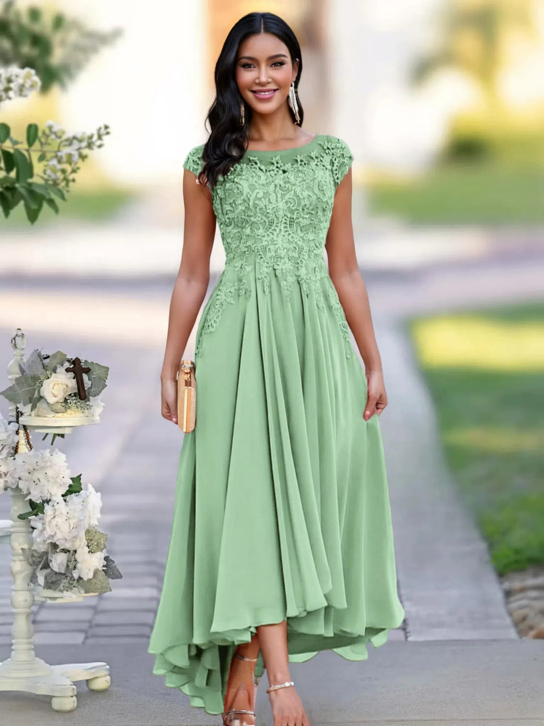 A-line Illusion Neckline Cap Sleeves Lace Appliques Chiffon Mother Of The Bride Dress BabaMila