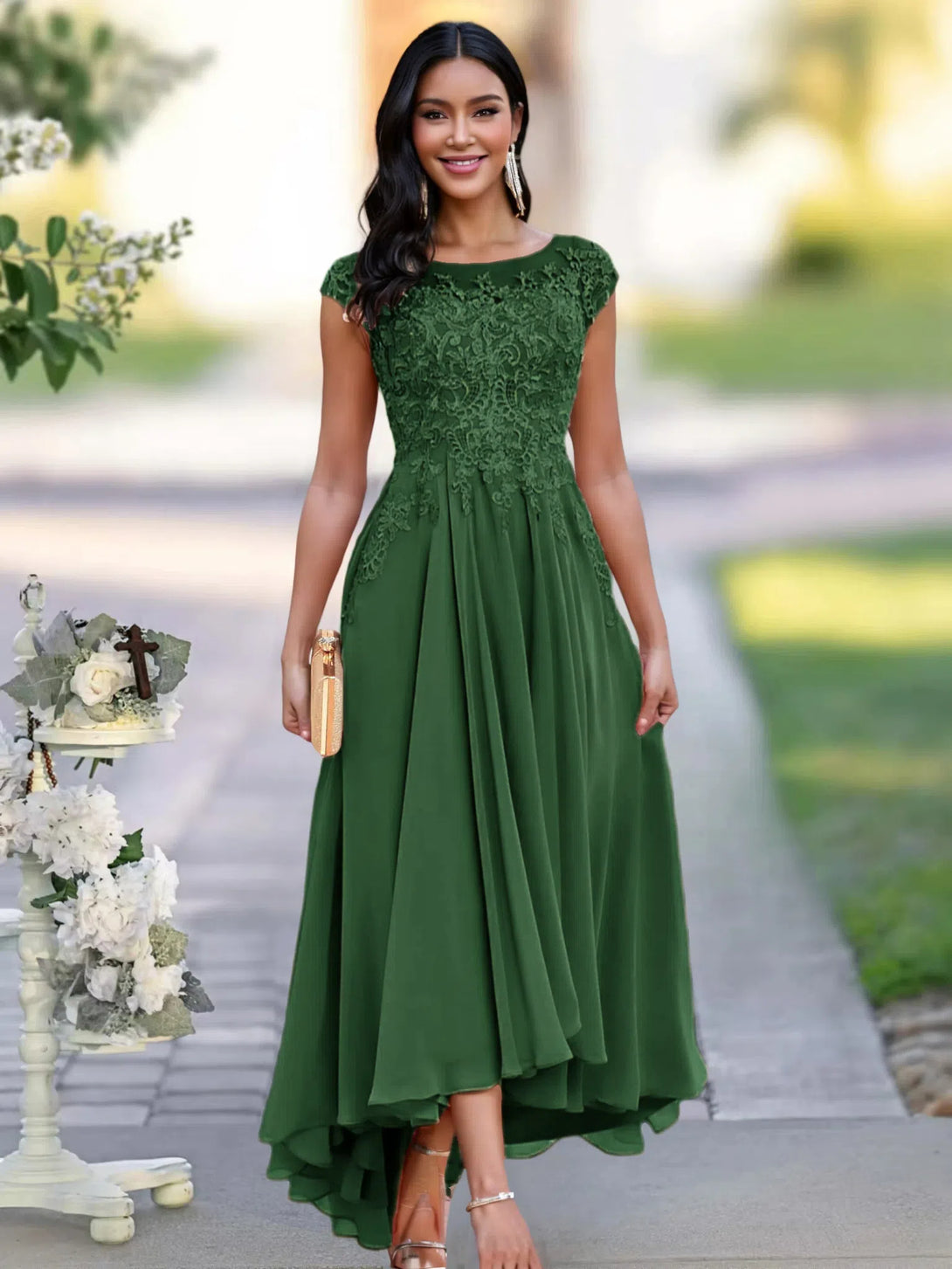 A-line Illusion Neckline Cap Sleeves Lace Appliques Chiffon Mother Of The Bride Dress BabaMila Dark Green 2