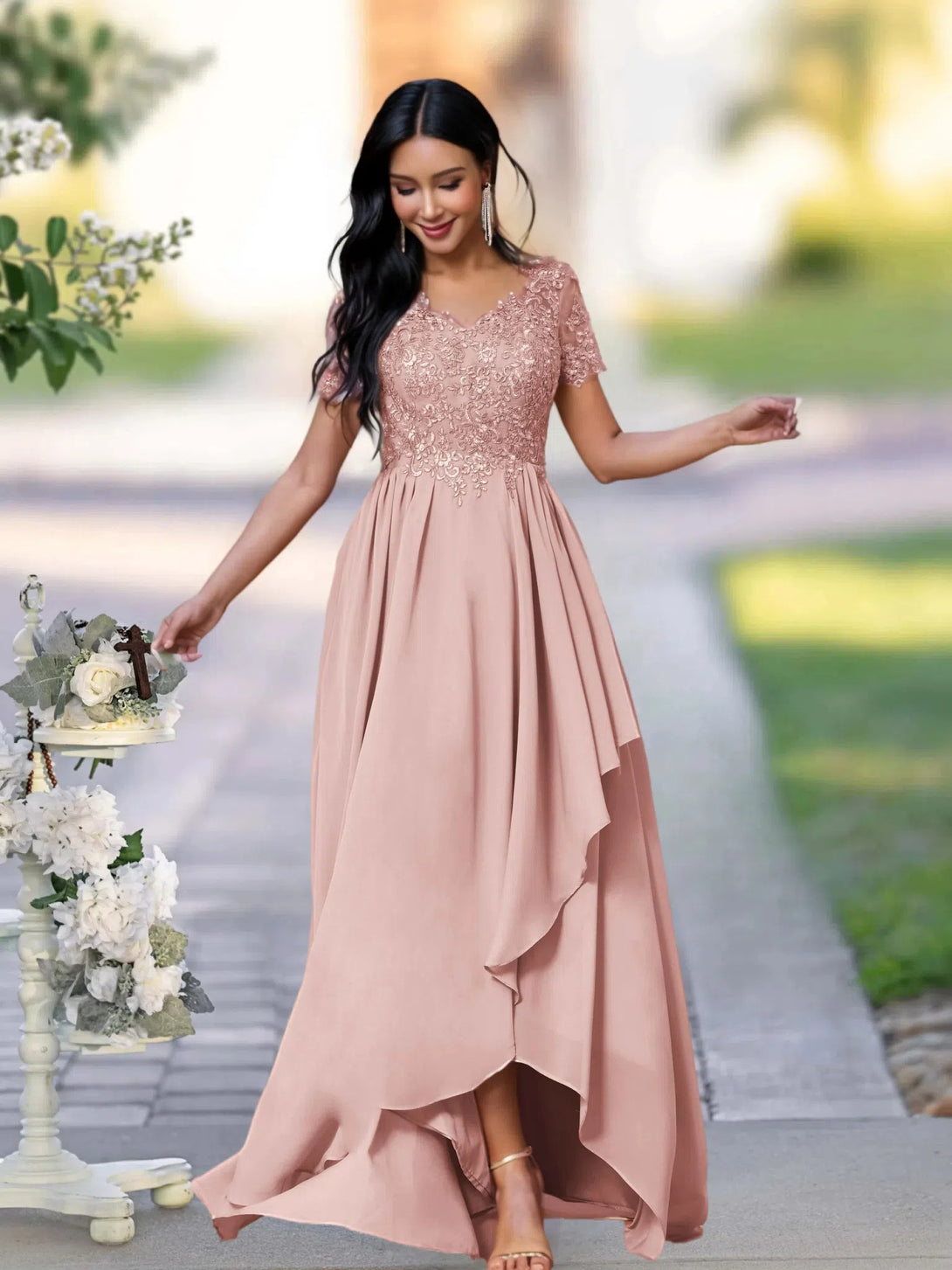 A-LINE APPLIQUES LACE ANKLE-LENGTH SATIN MOTHER OF THE BRIDE DRESS BabaMila