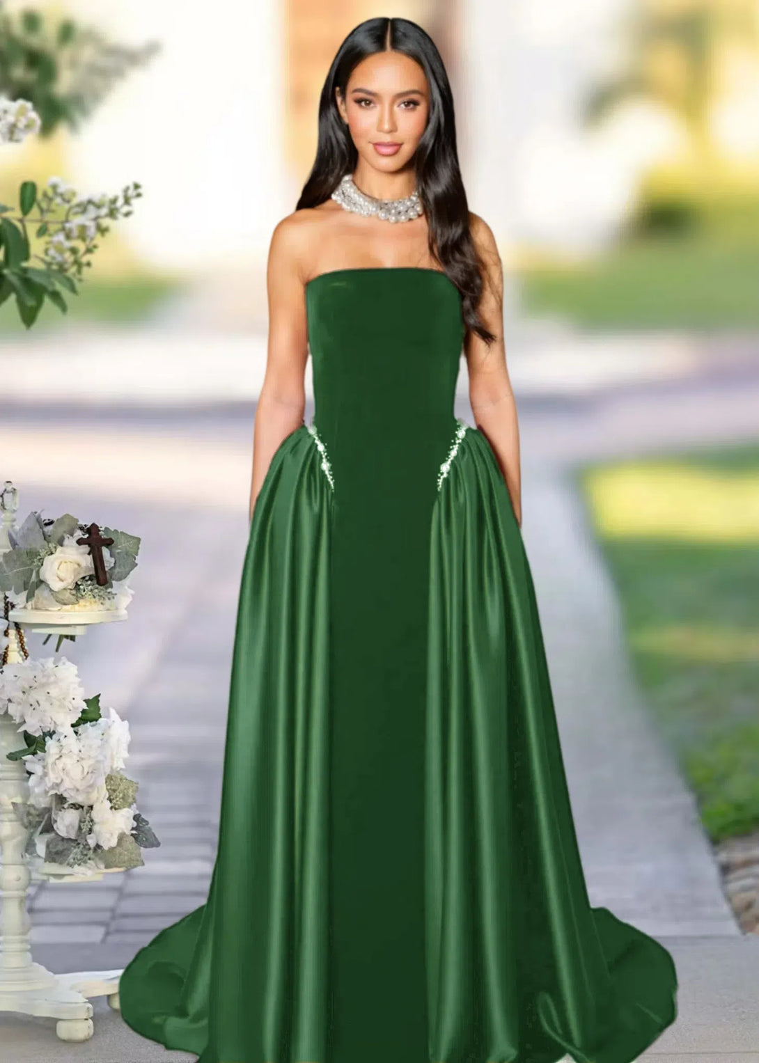 A Line Prom Gown Sleeveless Sweep/Brush Train Party Dresses BabaMila Dark Green 2