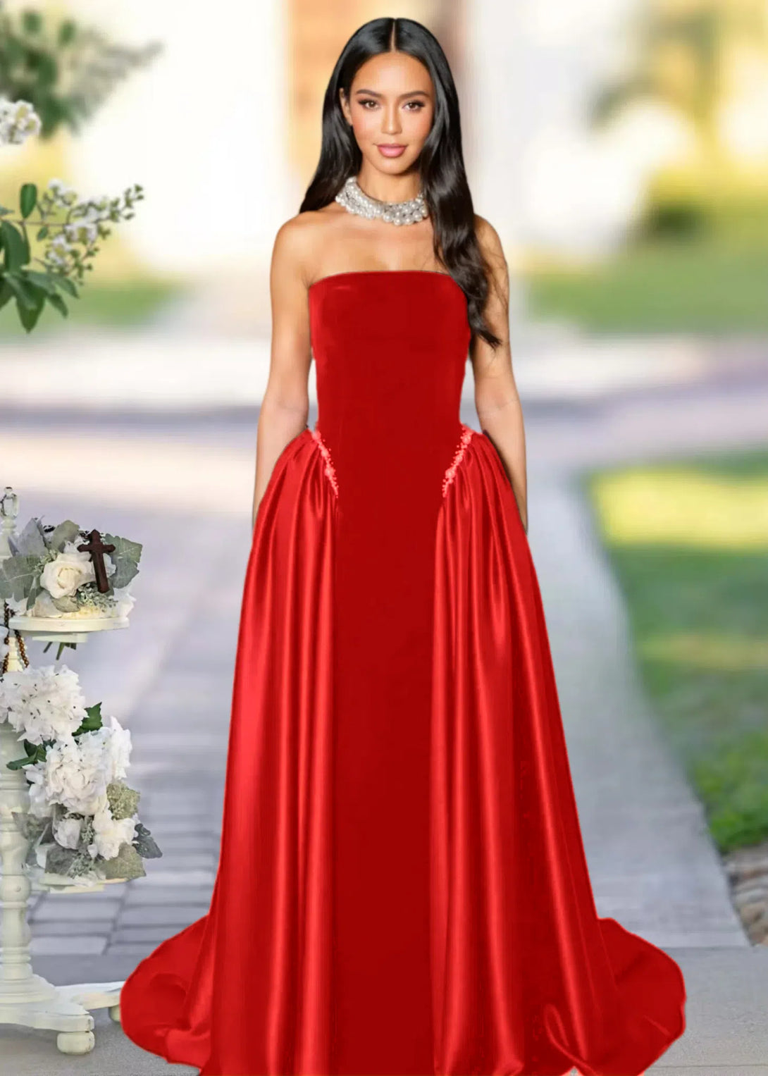 A Line Prom Gown Sleeveless Sweep/Brush Train Party Dresses BabaMila Red 2