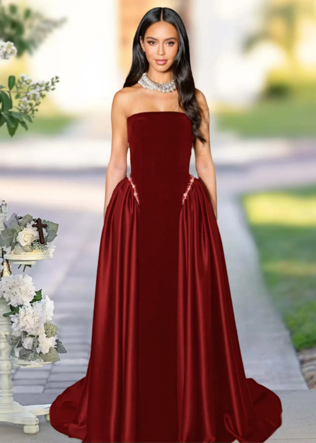 A Line Prom Gown Sleeveless Sweep/Brush Train Party Dresses BabaMila Burgundy 2