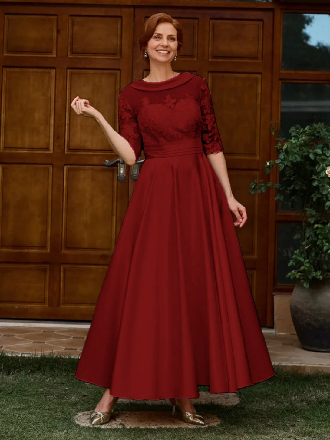 A-LINE APPLIQUES LACE ANKLE-LENGTH SATIN MOTHER OF THE BRIDE DRESS 1/2 SLEEVES BabaMila Burgundy 2