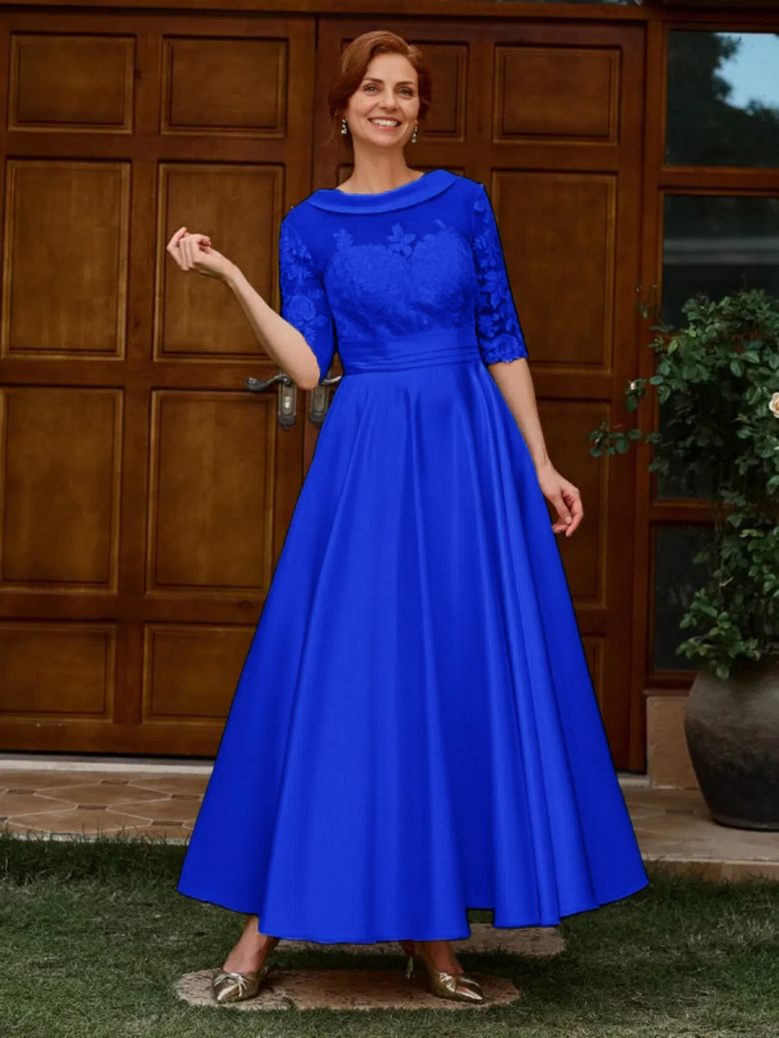 A-LINE APPLIQUES LACE ANKLE-LENGTH SATIN MOTHER OF THE BRIDE DRESS 1/2 SLEEVES BabaMila Royal Blue 2