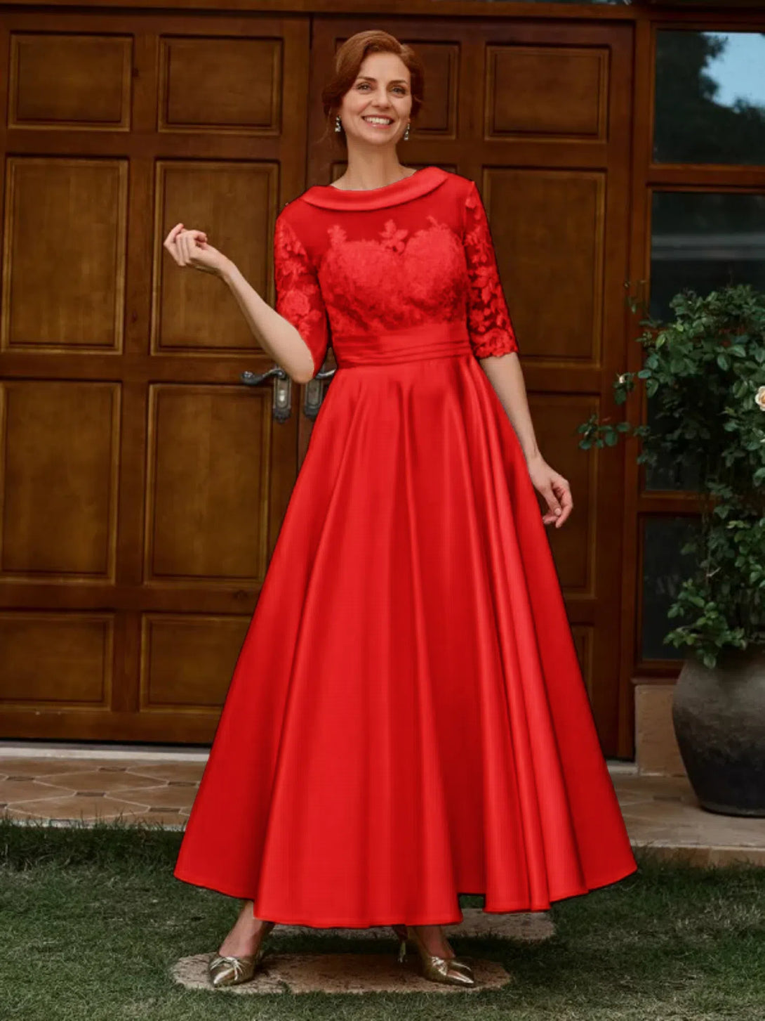 A-LINE APPLIQUES LACE ANKLE-LENGTH SATIN MOTHER OF THE BRIDE DRESS 1/2 SLEEVES BabaMila Red 2