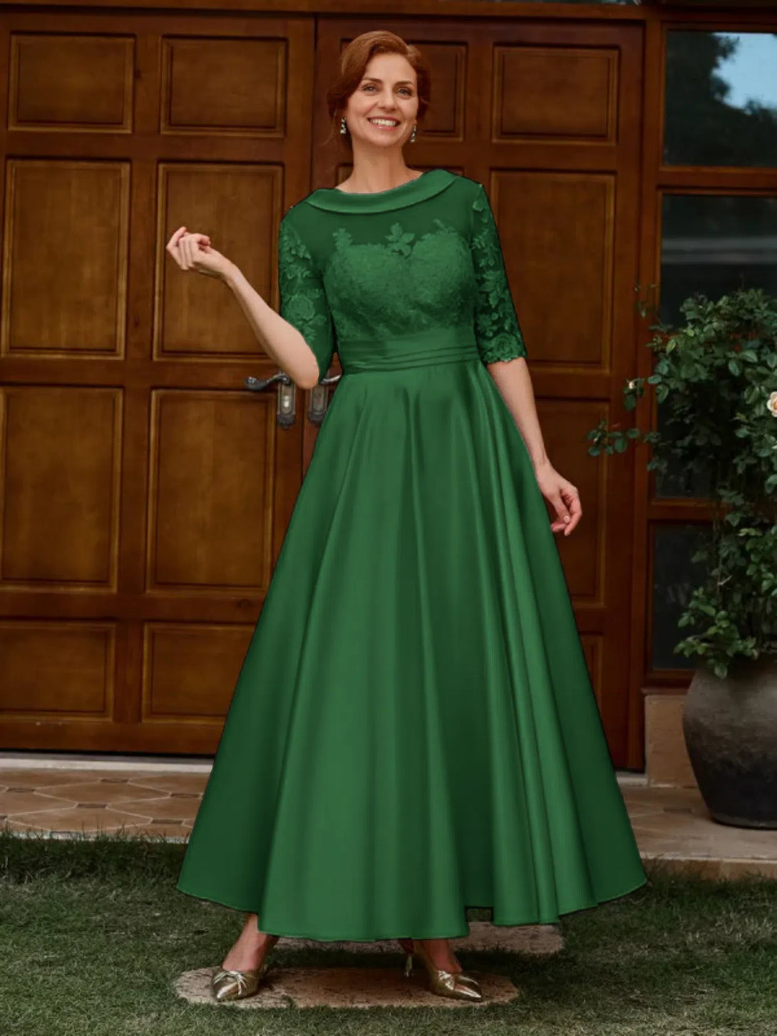 A-LINE APPLIQUES LACE ANKLE-LENGTH SATIN MOTHER OF THE BRIDE DRESS 1/2 SLEEVES BabaMila Dark Green 2