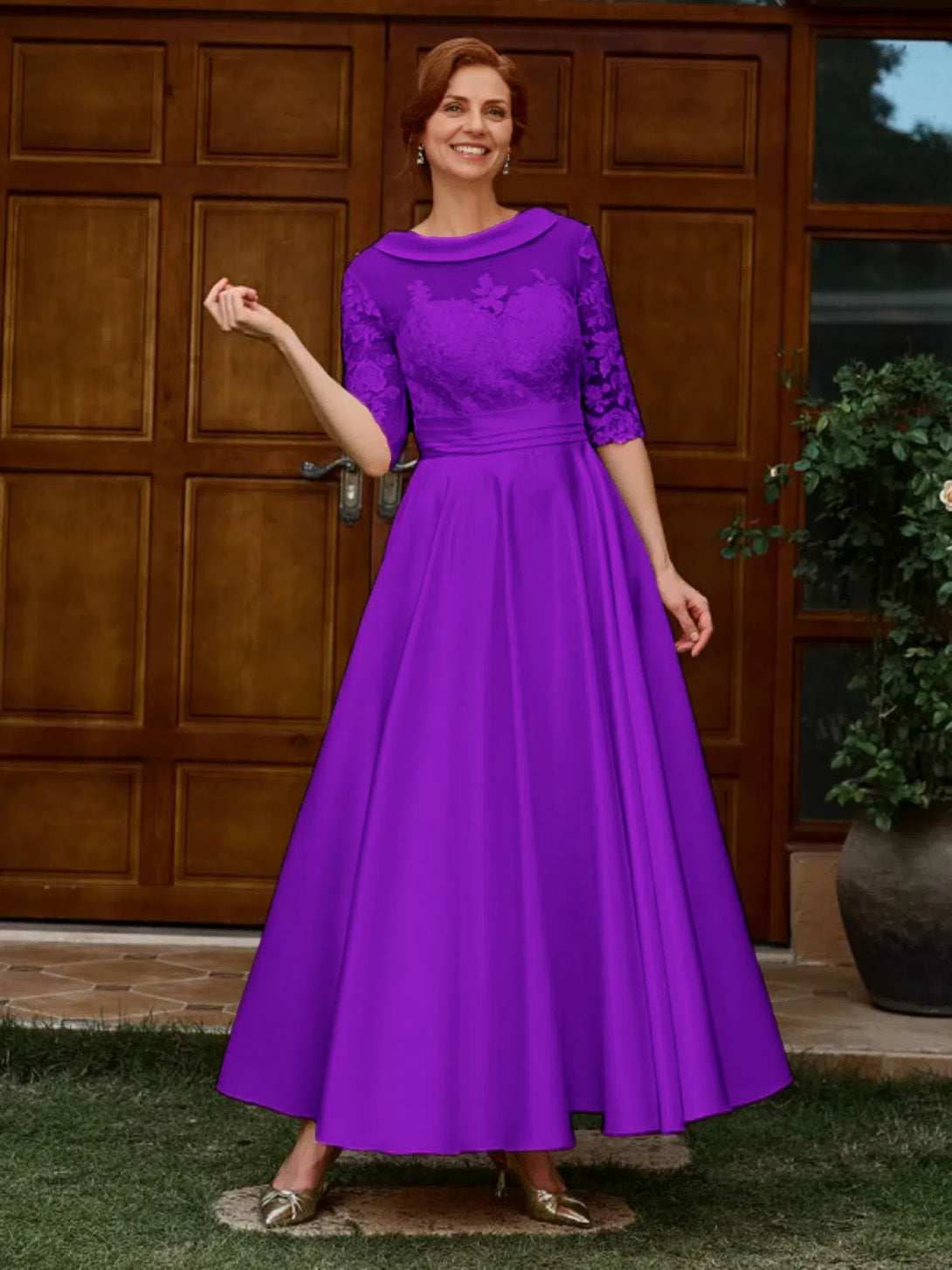 A-LINE APPLIQUES LACE ANKLE-LENGTH SATIN MOTHER OF THE BRIDE DRESS 1/2 SLEEVES BabaMila