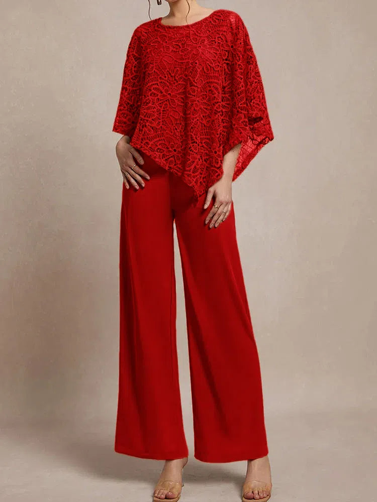 3 Pieces Lace Cape Chiffon Mother of the Bride Pant Suits BabaMila Red 2