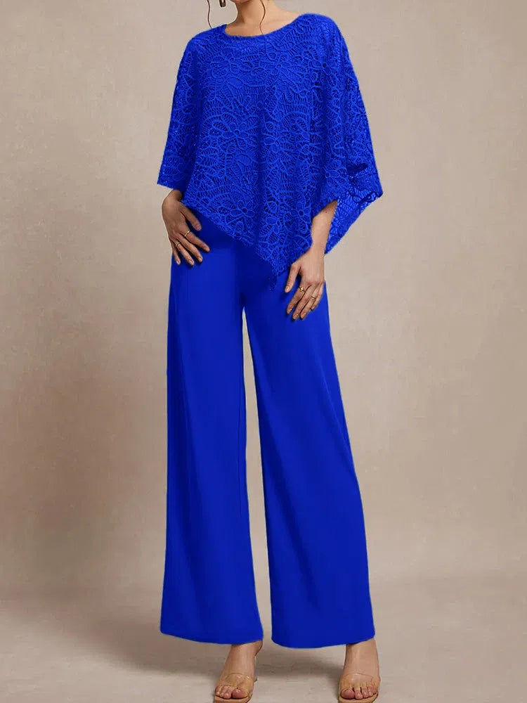 3 Pieces Lace Cape Chiffon Mother of the Bride Pant Suits BabaMila Royal Blue 2