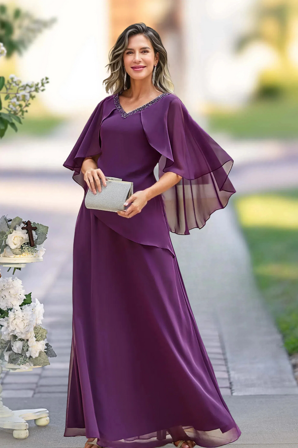 Elegant Beaded V Neck Chiffon Mother of the Bride dress BabaMila