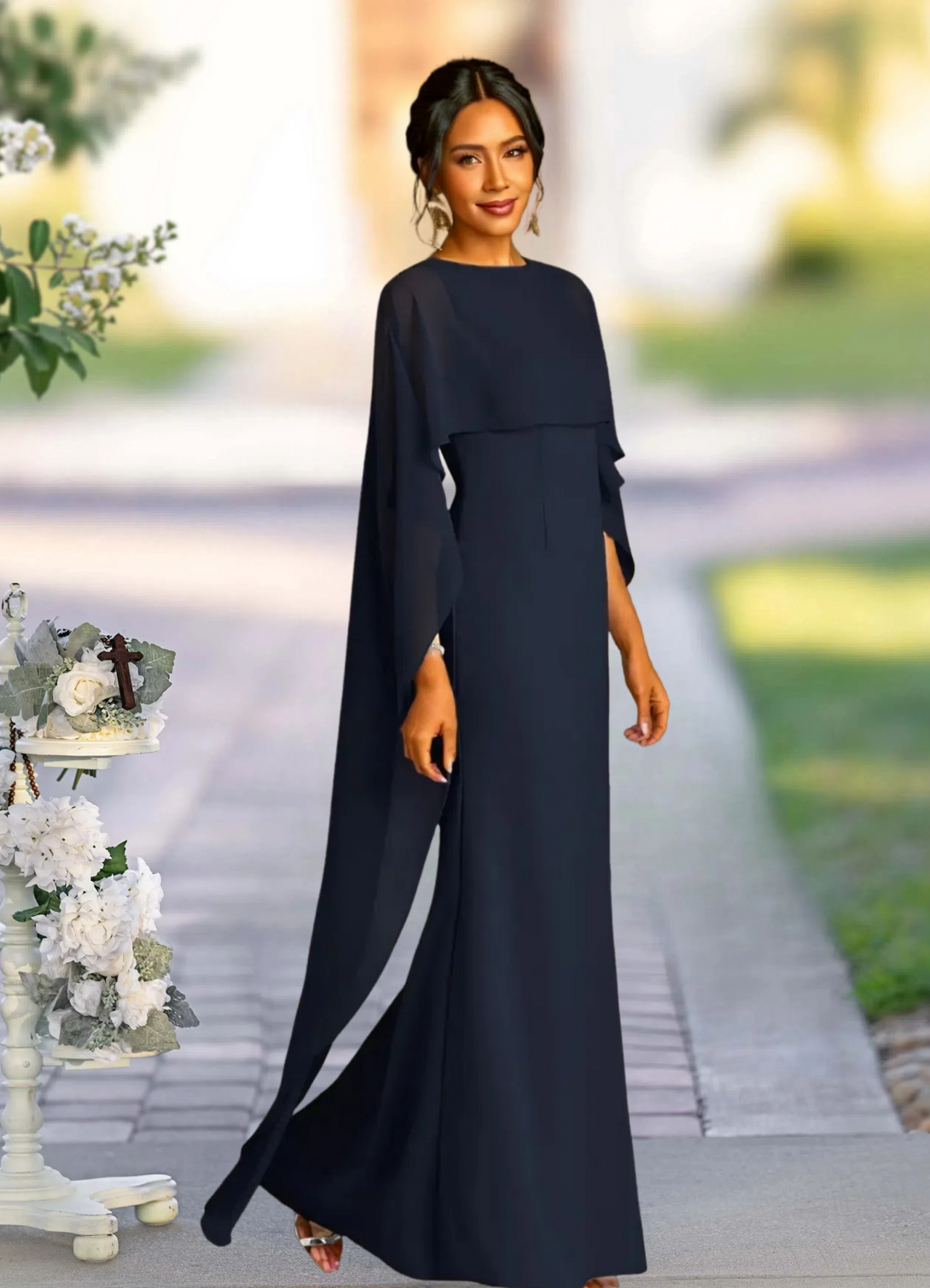 Dark Navy Mother of the Bride Dresses with cape A-line Chiffon BabaMila