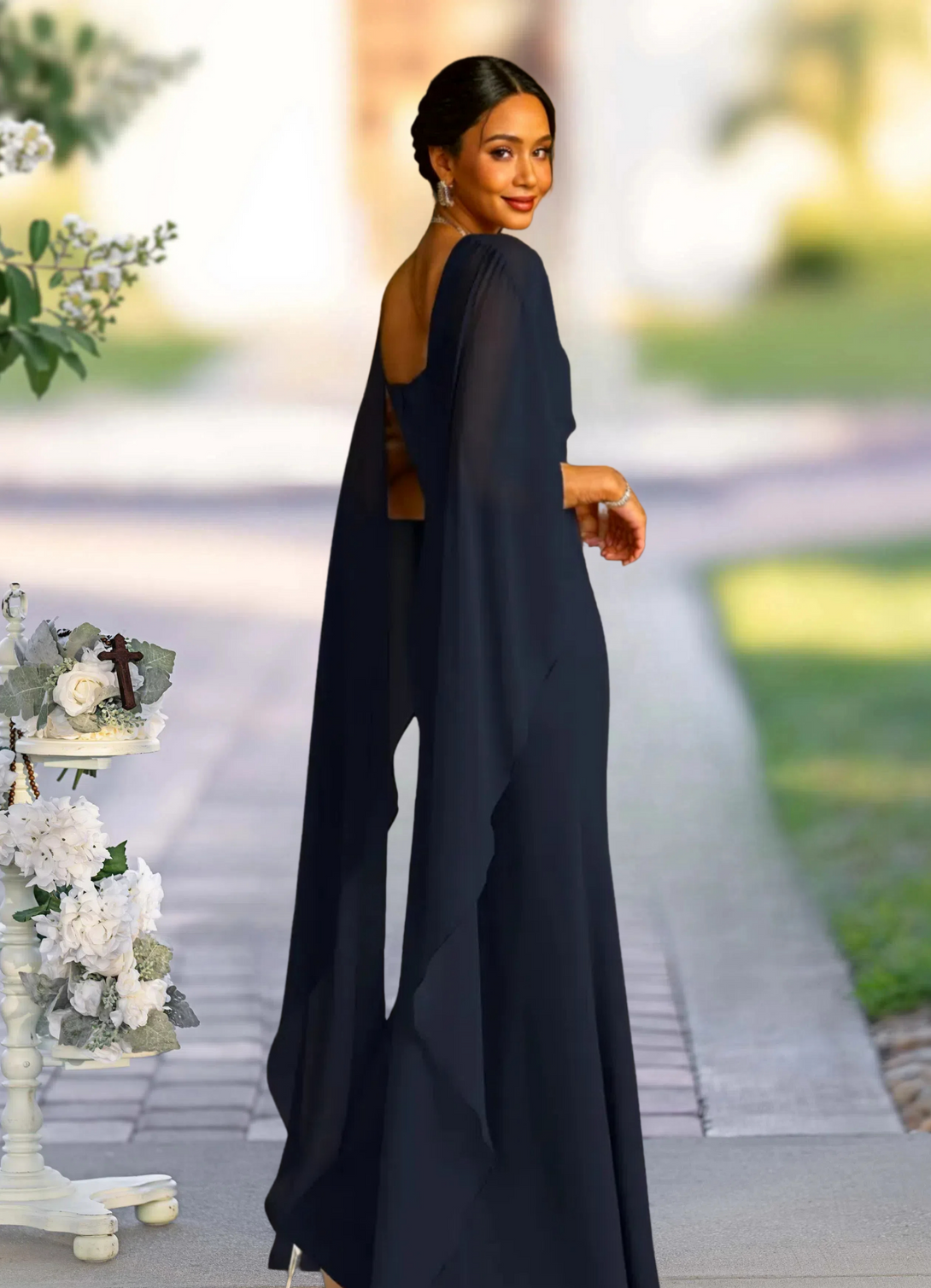 Dark Navy Mother of the Bride Dresses with cape A-line Chiffon BabaMila