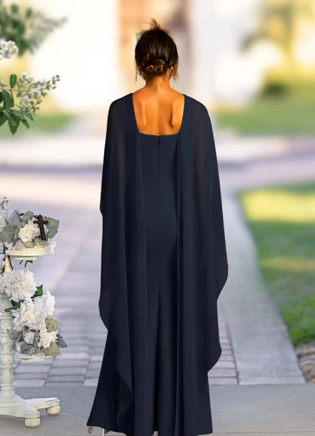 Dark Navy Mother of the Bride Dresses with cape A-line Chiffon BabaMila