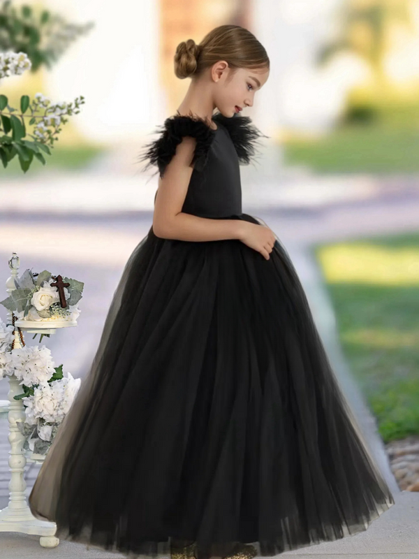 Scoop Neck Flutter Straps Floor-Length Satin/Tulle Girls Birthday Dresses With Bow Gidiondress Black 12M