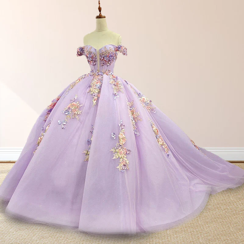 Princess Off the Shoulder Appliques Court Train Quinceanera Dresses Gidiondress Lilac 2