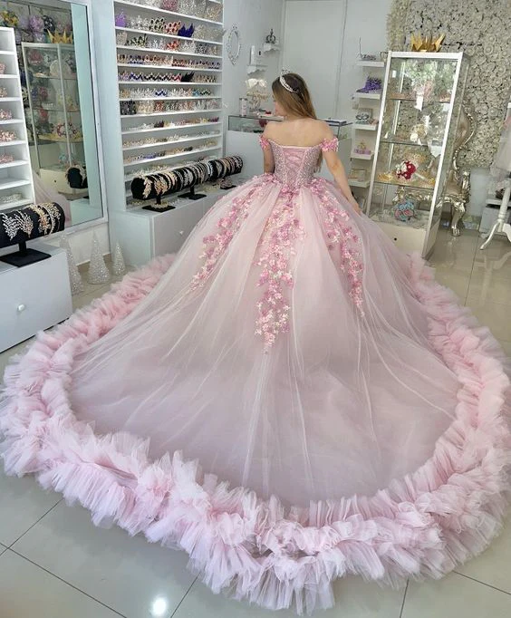 Quinceanera Ball Gown Off-the-Shoulder Sequined Pink Dress Gidiondress