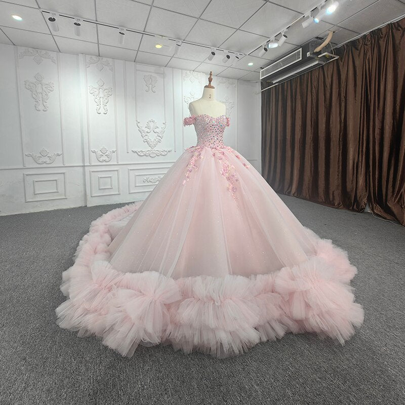 Quinceanera Ball Gown Off-the-Shoulder Sequined Pink Dress Gidiondress