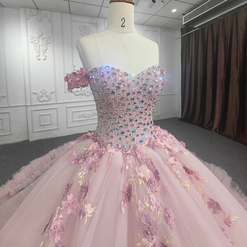 Quinceanera Ball Gown Off-the-Shoulder Sequined Pink Dress Gidiondress